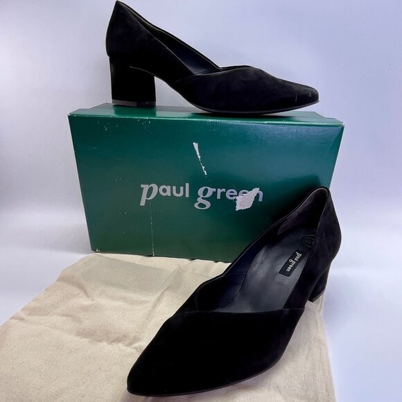 Paul Green Witt Black Suede Pointed Toe Pump Size 5.5 Mid Block Heels - Picture 1 of 16